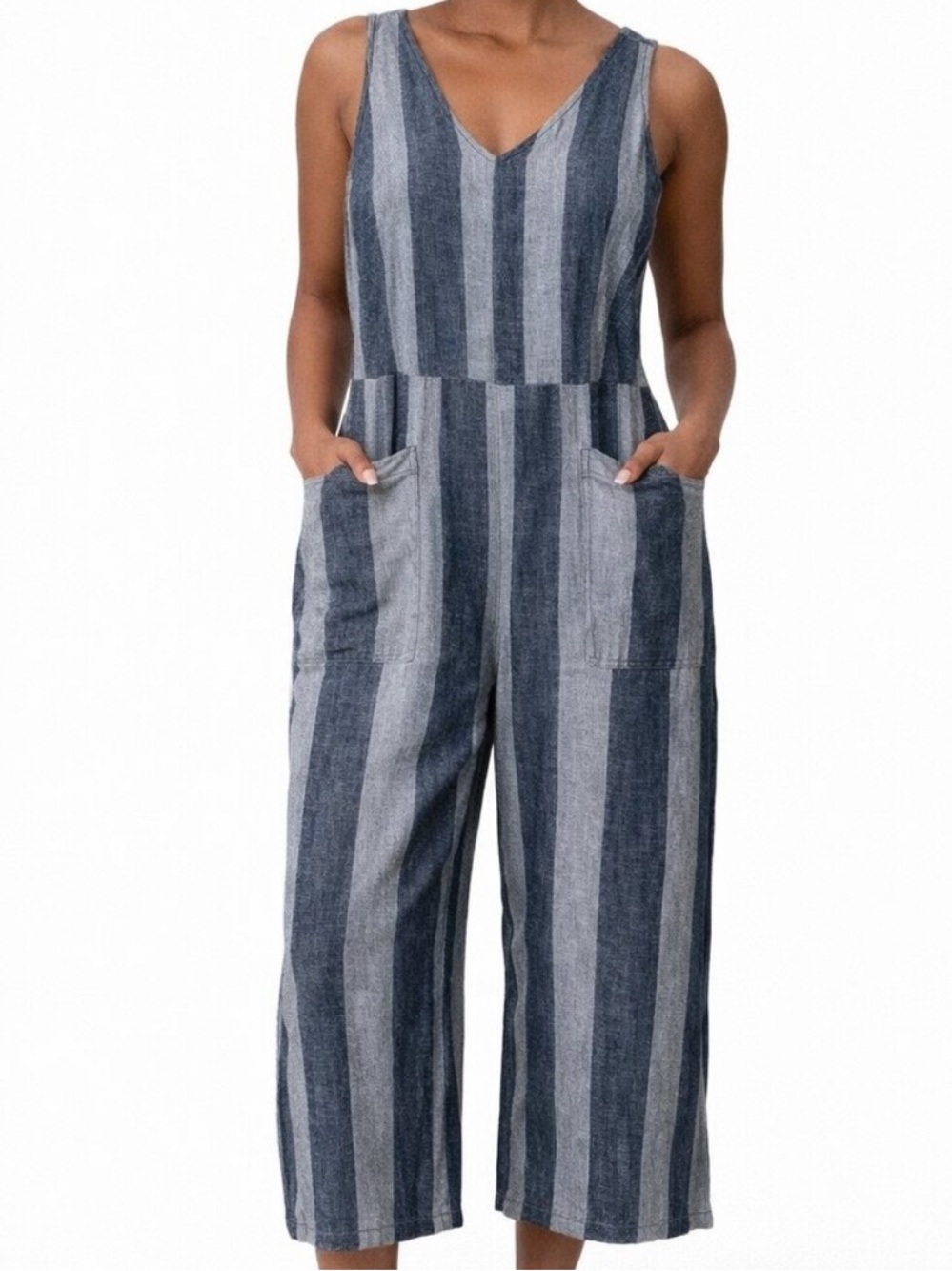 beachlunchlounge Blue Striped Cotton/Linen Romper